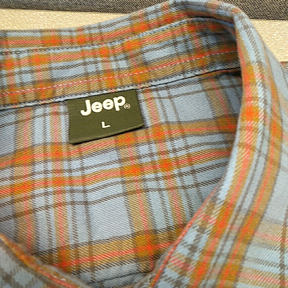 Jeep Men's Blue and Orange Plaid Shirt